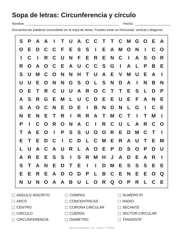 Hoja para imprimir de la sopa de letras de la circunferencia: cuadrícula de 18 × 18 letras con 15 palabras escondidas, renglones para nombre y fecha y la lista de palabras para tachar.
