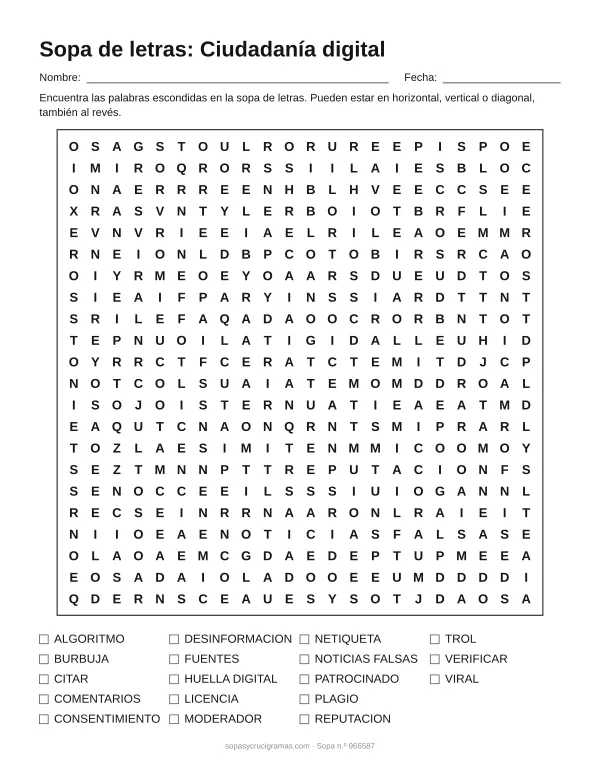 Hoja para imprimir de la sopa de letras de ciudadanía digital: cuadrícula de 22 × 22 letras con 18 palabras escondidas, renglones para nombre y fecha y la lista de palabras para tachar.