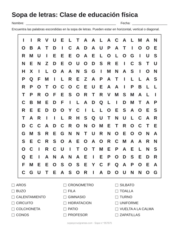 Hoja para imprimir de la sopa de letras de la clase de educación física: cuadrícula de 18 × 18 letras con 18 palabras escondidas, renglones para nombre y fecha y la lista de palabras para tachar.