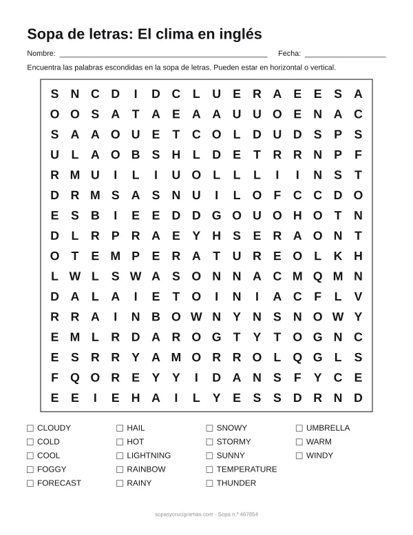 Hoja para imprimir de la sopa de letras del clima en inglés: cuadrícula de 16 × 16 letras con 18 palabras escondidas, renglones para nombre y fecha y la lista de palabras para tachar.