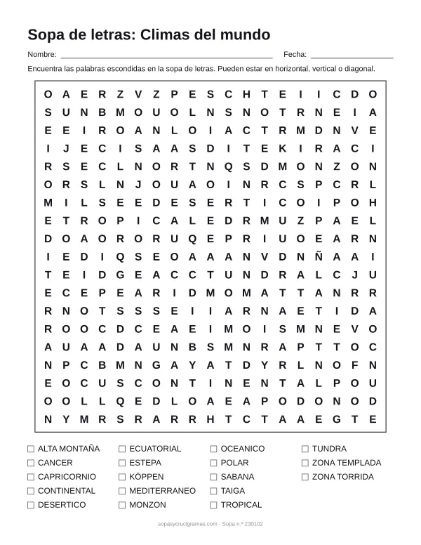 Hoja para imprimir de la sopa de letras de los climas del mundo: cuadrícula de 19 × 19 letras con 18 palabras escondidas, renglones para nombre y fecha y la lista de palabras para tachar.