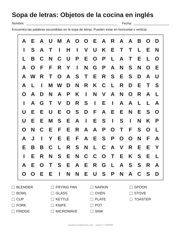 Hoja para imprimir de la sopa de letras de la cocina en inglés: cuadrícula de 16 × 16 letras con 18 palabras escondidas, renglones para nombre y fecha y la lista de palabras para tachar.