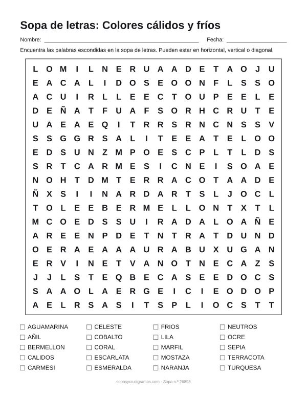 Hoja para imprimir de la sopa de letras de colores cálidos y fríos: cuadrícula de 18 × 18 letras con 20 palabras escondidas, renglones para nombre y fecha y la lista de palabras para tachar.