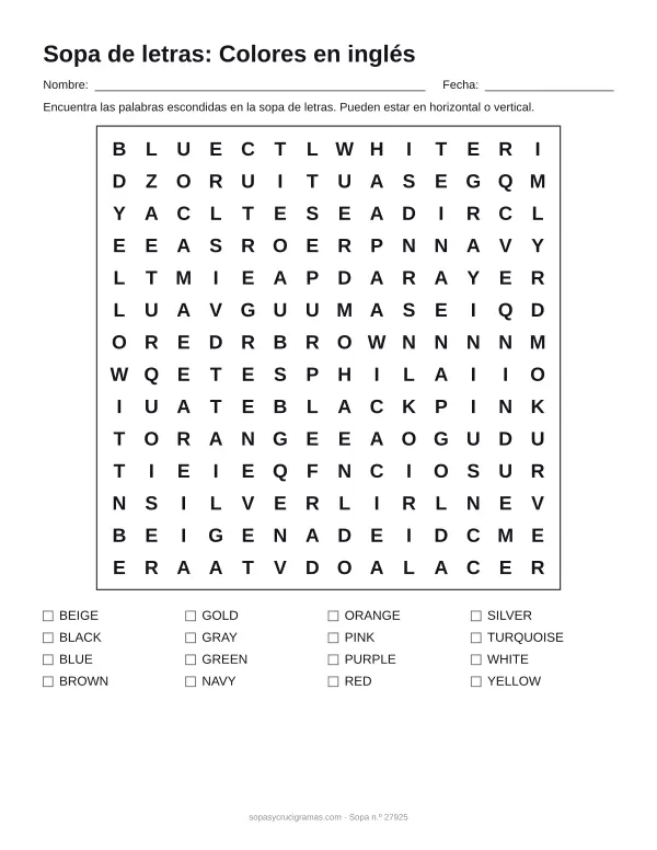 Hoja para imprimir de la sopa de letras de los colores en inglés: cuadrícula de 14 × 14 letras con 16 palabras escondidas, renglones para nombre y fecha y la lista de palabras para tachar.