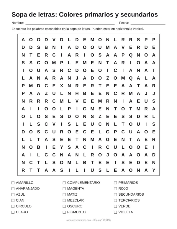 Hoja para imprimir de la sopa de letras de colores primarios: cuadrícula de 18 × 18 letras con 18 palabras escondidas, renglones para nombre y fecha y la lista de palabras para tachar.