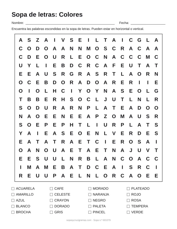 Hoja para imprimir de la sopa de letras de los colores: cuadrícula de 17 × 17 letras con 20 palabras escondidas, renglones para nombre y fecha y la lista de palabras para tachar.