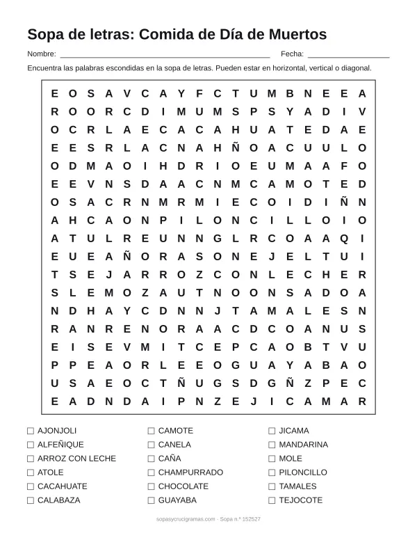 Hoja para imprimir de la sopa de letras de comida de Día de Muertos: cuadrícula de 18 × 18 letras con 18 palabras escondidas, renglones para nombre y fecha y la lista de palabras para tachar.