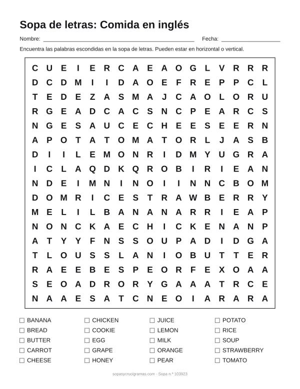Hoja para imprimir de la sopa de letras de comida en inglés: cuadrícula de 17 × 17 letras con 20 palabras escondidas, renglones para nombre y fecha y la lista de palabras para tachar.