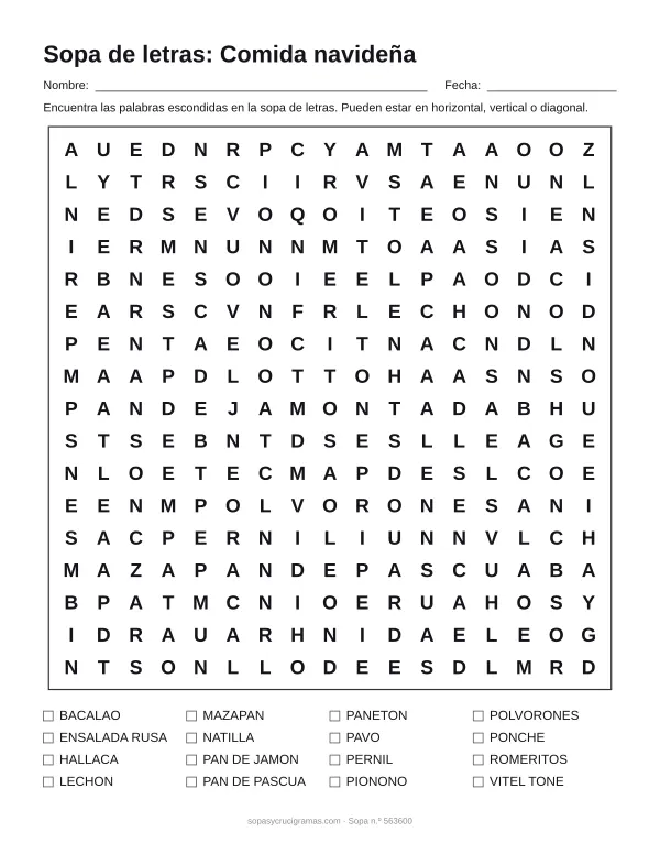 Hoja para imprimir de la sopa de letras de comida navideña: cuadrícula de 17 × 17 letras con 16 palabras escondidas, renglones para nombre y fecha y la lista de palabras para tachar.