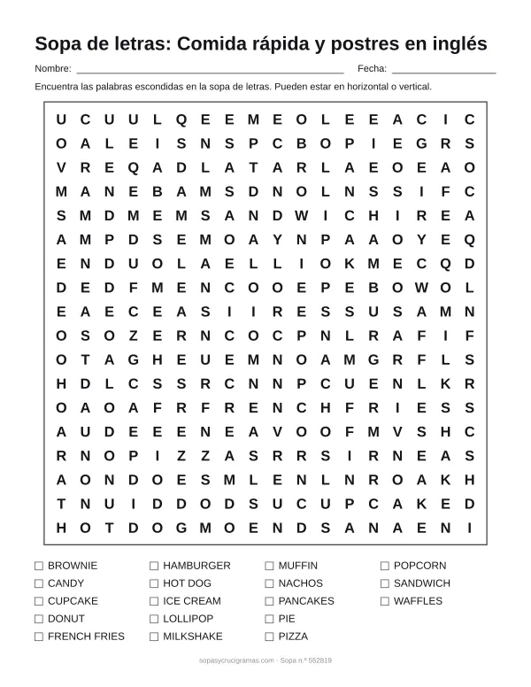 Hoja para imprimir de la sopa de letras de comida rápida en inglés: cuadrícula de 18 × 18 letras con 18 palabras escondidas, renglones para nombre y fecha y la lista de palabras para tachar.