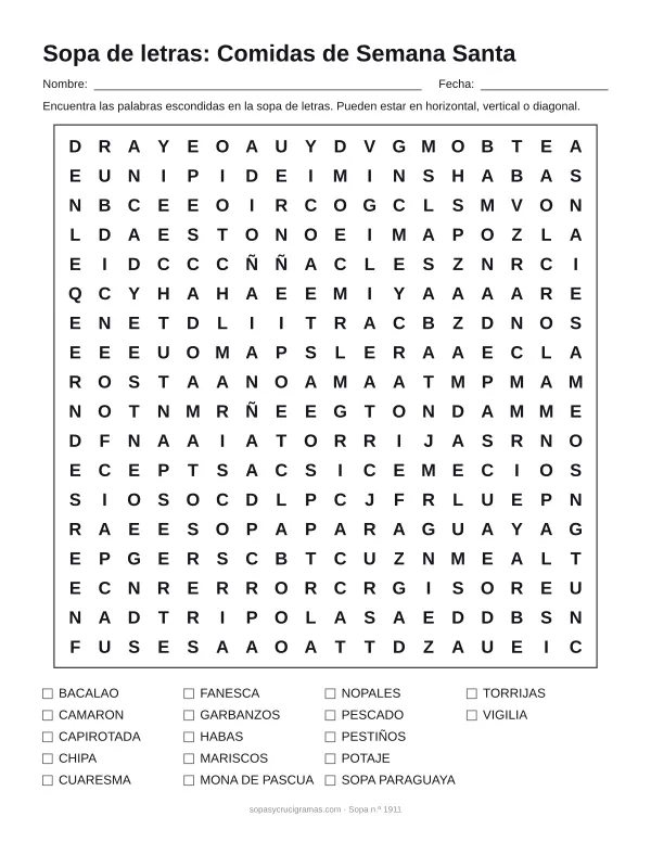 Hoja para imprimir de la sopa de letras de comidas de Semana Santa: cuadrícula de 18 × 18 letras con 17 palabras escondidas, renglones para nombre y fecha y la lista de palabras para tachar.