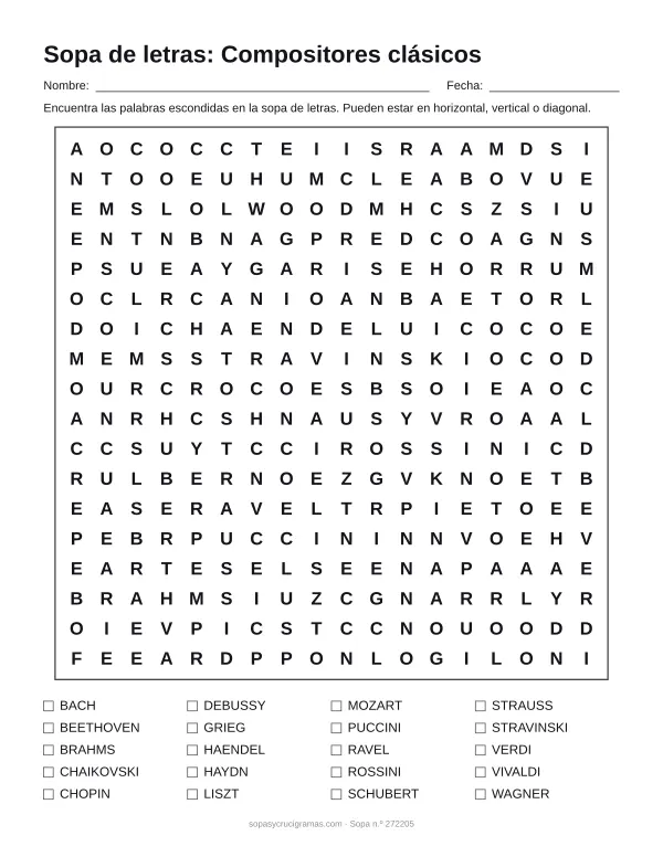 Hoja para imprimir de la sopa de letras de compositores clásicos: cuadrícula de 18 × 18 letras con 20 palabras escondidas, renglones para nombre y fecha y la lista de palabras para tachar.
