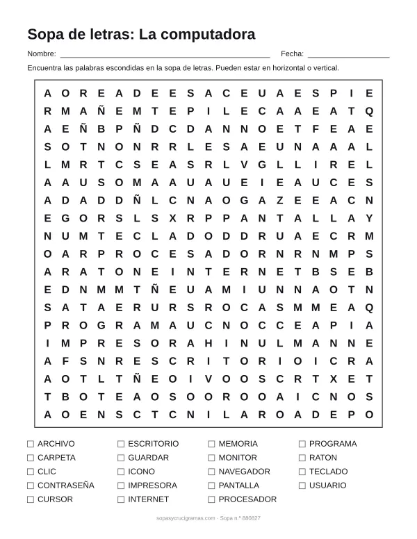 Hoja para imprimir de la sopa de letras de la computadora: cuadrícula de 19 × 19 letras con 19 palabras escondidas, renglones para nombre y fecha y la lista de palabras para tachar.
