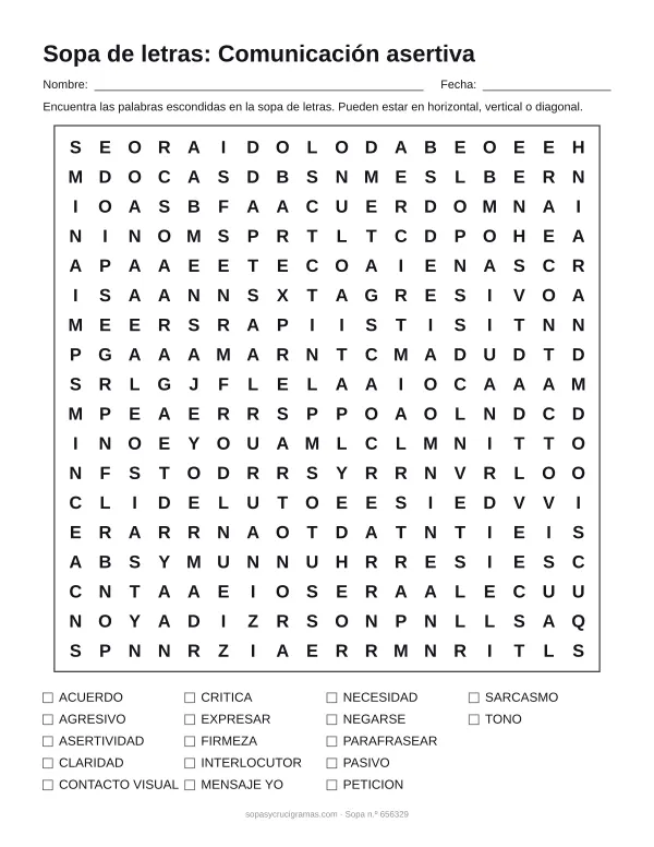 Hoja para imprimir de la sopa de letras de la comunicación asertiva: cuadrícula de 18 × 18 letras con 17 palabras escondidas, renglones para nombre y fecha y la lista de palabras para tachar.