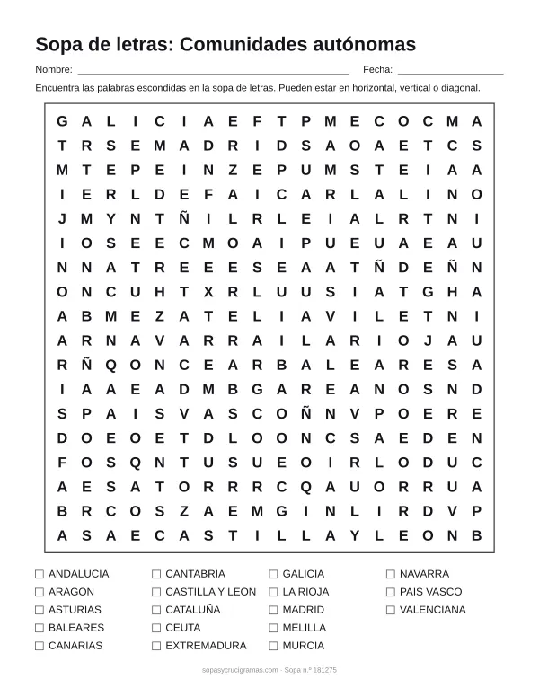 Hoja para imprimir de la sopa de letras de las comunidades autónomas de España: cuadrícula de 18 × 18 letras con 18 palabras escondidas, renglones para nombre y fecha y la lista de palabras para tachar.