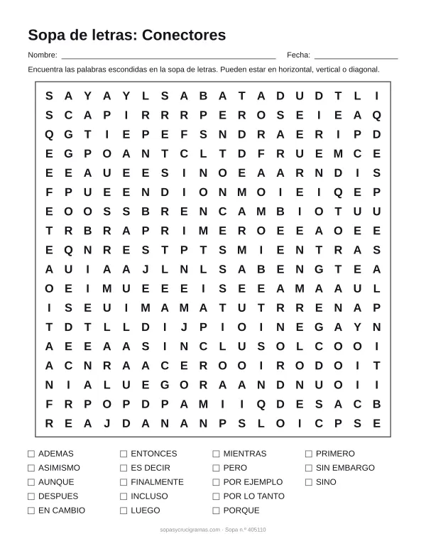 Hoja para imprimir de la sopa de letras de conectores: cuadrícula de 18 × 18 letras con 18 palabras escondidas, renglones para nombre y fecha y la lista de palabras para tachar.