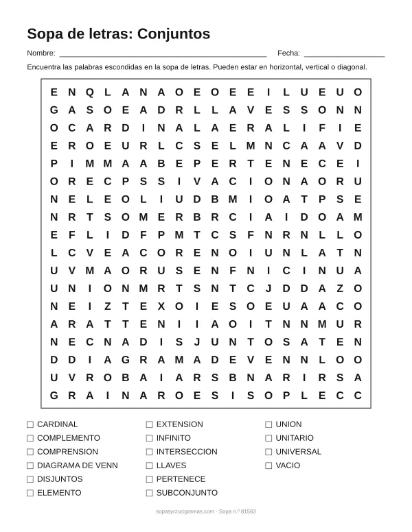 Hoja para imprimir de la sopa de letras de conjuntos: cuadrícula de 18 × 18 letras con 16 palabras escondidas, renglones para nombre y fecha y la lista de palabras para tachar.