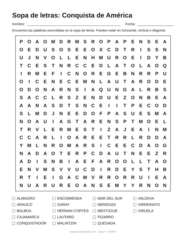 Hoja para imprimir de la sopa de letras de la conquista de América: cuadrícula de 19 × 19 letras con 18 palabras escondidas, renglones para nombre y fecha y la lista de palabras para tachar.