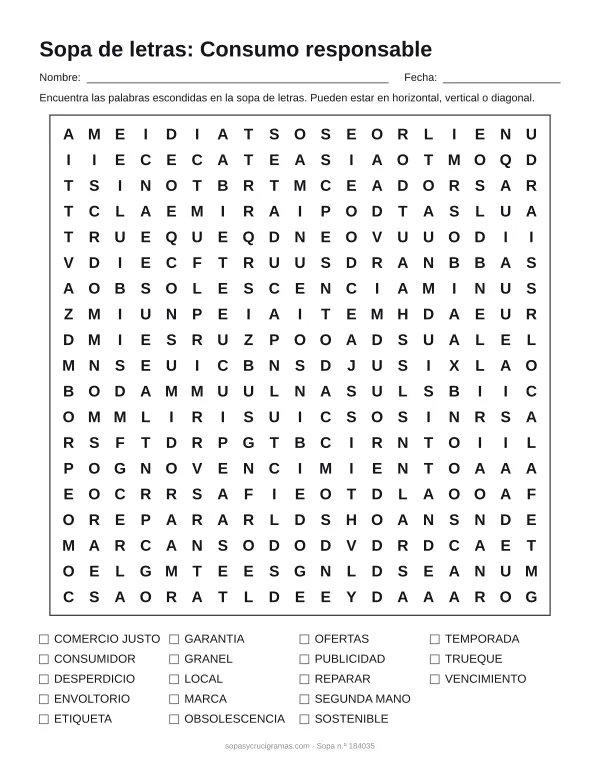 Hoja para imprimir de la sopa de letras del consumo responsable: cuadrícula de 19 × 19 letras con 18 palabras escondidas, renglones para nombre y fecha y la lista de palabras para tachar.