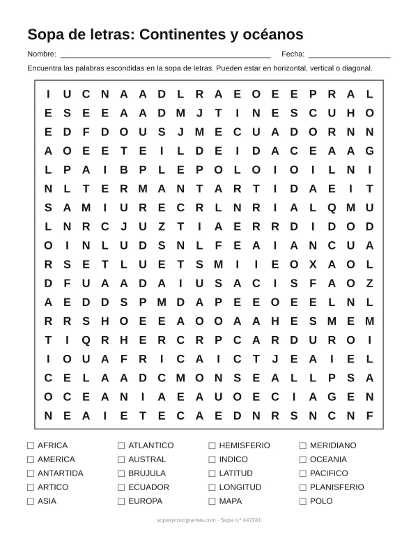 Hoja para imprimir de la sopa de letras de continentes y océanos: cuadrícula de 18 × 18 letras con 20 palabras escondidas, renglones para nombre y fecha y la lista de palabras para tachar.