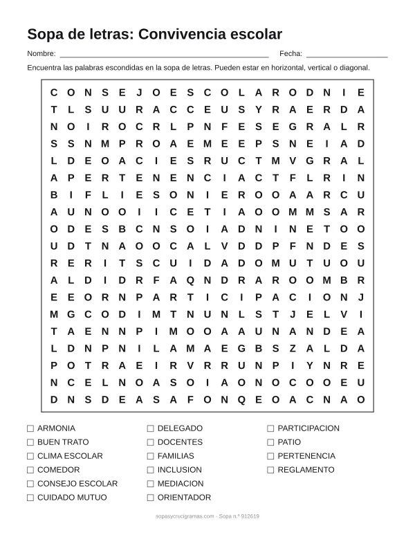 Hoja para imprimir de la sopa de letras de la convivencia escolar: cuadrícula de 19 × 19 letras con 16 palabras escondidas, renglones para nombre y fecha y la lista de palabras para tachar.