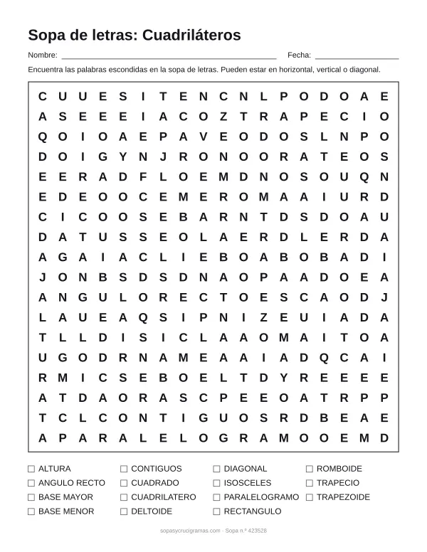 Hoja para imprimir de la sopa de letras de cuadriláteros: cuadrícula de 18 × 18 letras con 15 palabras escondidas, renglones para nombre y fecha y la lista de palabras para tachar.