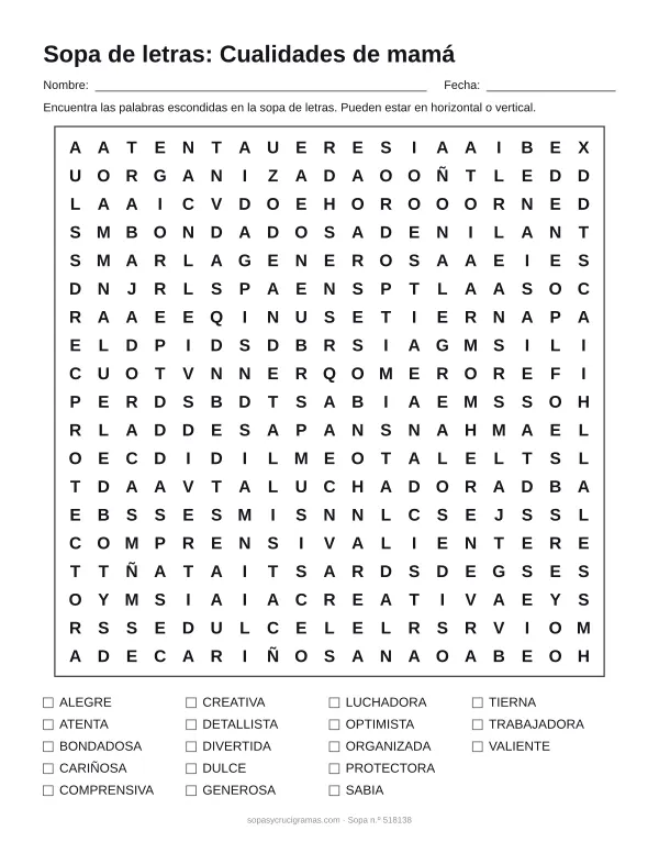 Hoja para imprimir de la sopa de letras de cualidades de mamá: cuadrícula de 19 × 19 letras con 18 palabras escondidas, renglones para nombre y fecha y la lista de palabras para tachar.