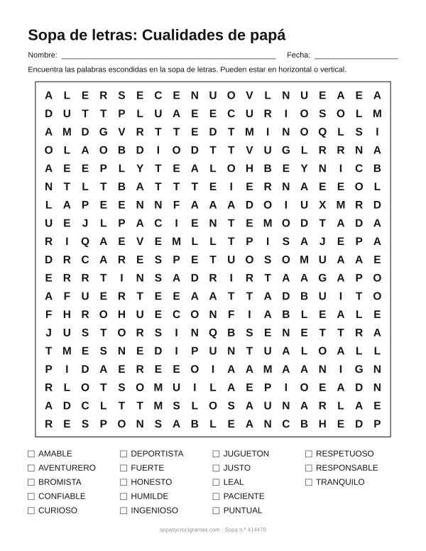 Hoja para imprimir de la sopa de letras de cualidades de papá: cuadrícula de 19 × 19 letras con 18 palabras escondidas, renglones para nombre y fecha y la lista de palabras para tachar.