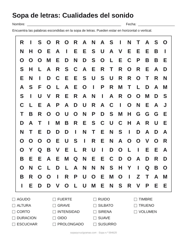 Hoja para imprimir de la sopa de letras de las cualidades del sonido: cuadrícula de 17 × 17 letras con 18 palabras escondidas, renglones para nombre y fecha y la lista de palabras para tachar.