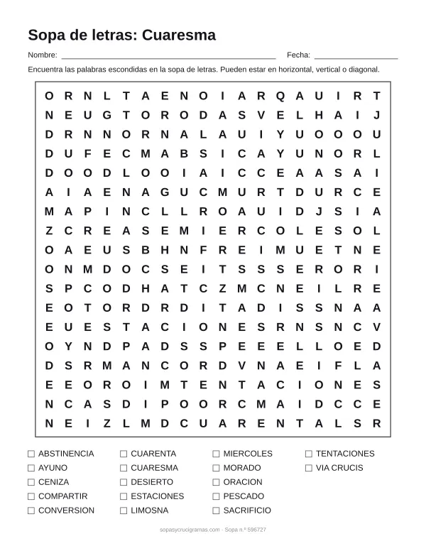 Hoja para imprimir de la sopa de letras de la Cuaresma: cuadrícula de 18 × 18 letras con 17 palabras escondidas, renglones para nombre y fecha y la lista de palabras para tachar.