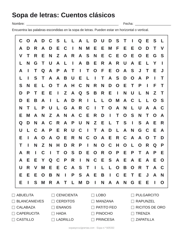 Hoja para imprimir de la sopa de letras de cuentos clásicos: cuadrícula de 20 × 20 letras con 20 palabras escondidas, renglones para nombre y fecha y la lista de palabras para tachar.