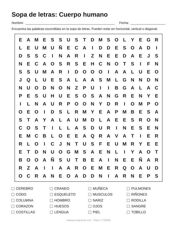 Hoja para imprimir de la sopa de letras del cuerpo humano: cuadrícula de 18 × 18 letras con 20 palabras escondidas, renglones para nombre y fecha y la lista de palabras para tachar.