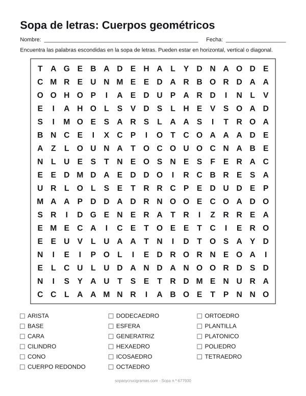 Hoja para imprimir de la sopa de letras de cuerpos geométricos: cuadrícula de 18 × 18 letras con 17 palabras escondidas, renglones para nombre y fecha y la lista de palabras para tachar.