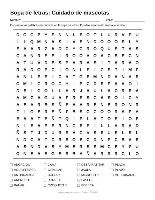 Hoja para imprimir de la sopa de letras del cuidado de las mascotas: cuadrícula de 18 × 18 letras con 18 palabras escondidas, renglones para nombre y fecha y la lista de palabras para tachar.