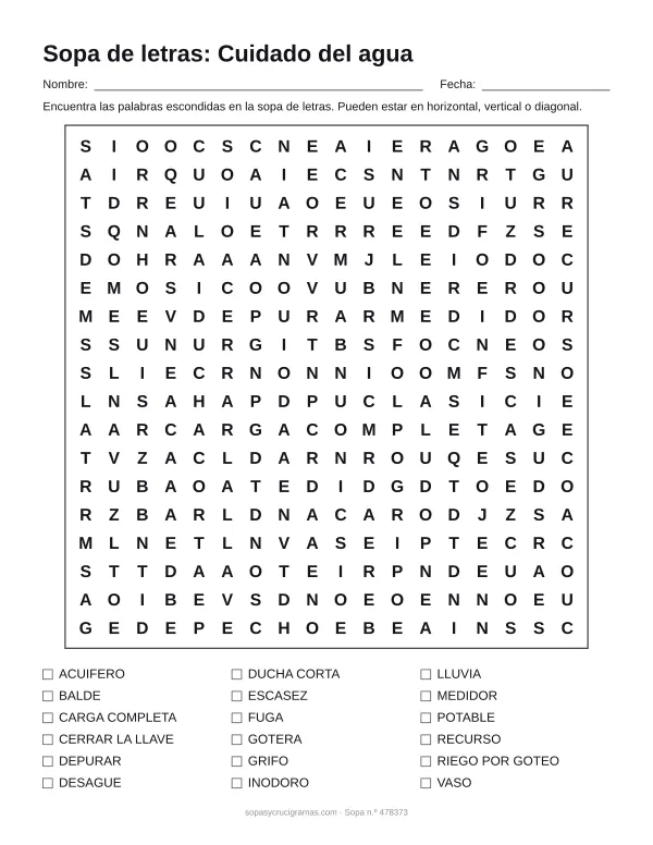 Hoja para imprimir de la sopa de letras del cuidado del agua: cuadrícula de 18 × 18 letras con 18 palabras escondidas, renglones para nombre y fecha y la lista de palabras para tachar.