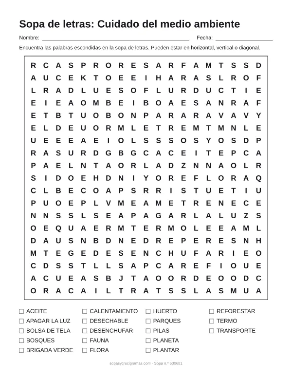 Hoja para imprimir de la sopa de letras del cuidado del medio ambiente: cuadrícula de 19 × 19 letras con 18 palabras escondidas, renglones para nombre y fecha y la lista de palabras para tachar.