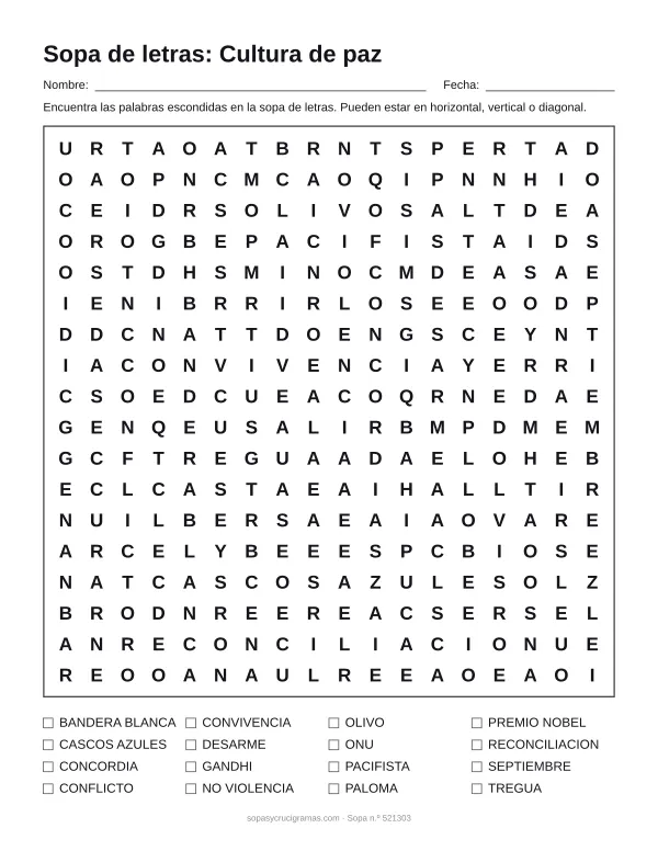 Hoja para imprimir de la sopa de letras de la cultura de paz: cuadrícula de 18 × 18 letras con 16 palabras escondidas, renglones para nombre y fecha y la lista de palabras para tachar.