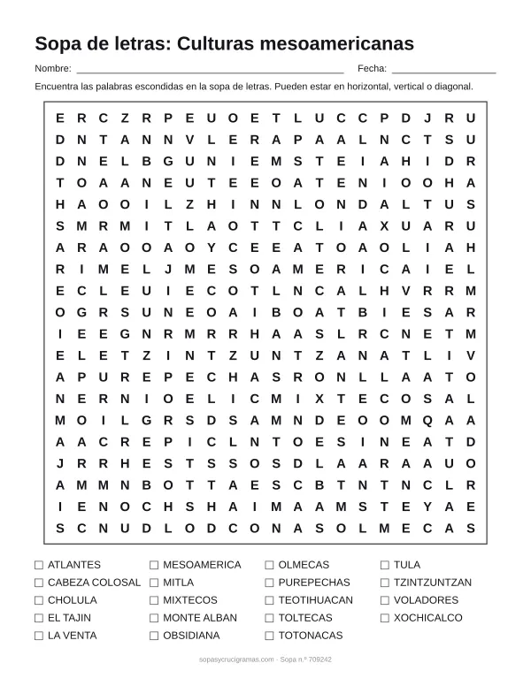Hoja para imprimir de la sopa de letras de las culturas mesoamericanas: cuadrícula de 20 × 20 letras con 19 palabras escondidas, renglones para nombre y fecha y la lista de palabras para tachar.
