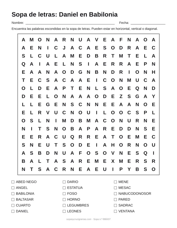 Hoja para imprimir de la sopa de letras de Daniel en Babilonia: cuadrícula de 17 × 17 letras con 18 palabras escondidas, renglones para nombre y fecha y la lista de palabras para tachar.