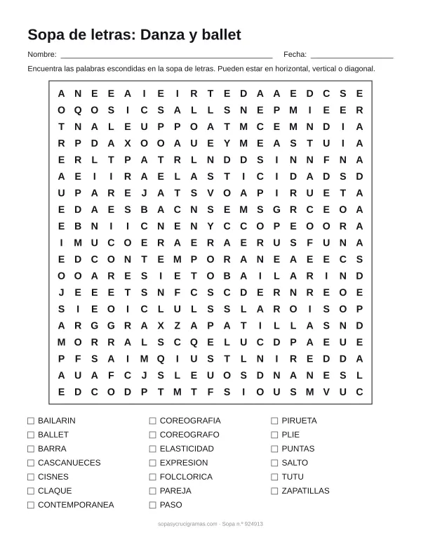 Hoja para imprimir de la sopa de letras de danza y ballet: cuadrícula de 19 × 19 letras con 20 palabras escondidas, renglones para nombre y fecha y la lista de palabras para tachar.