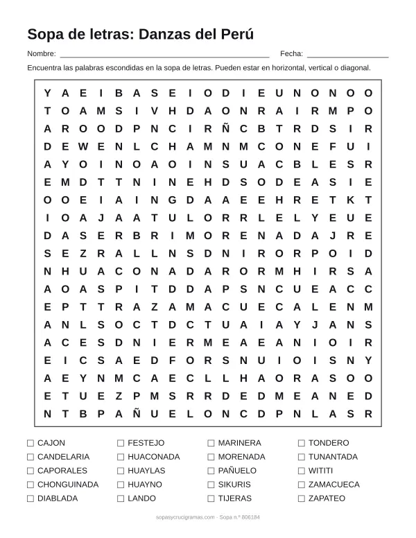Hoja para imprimir de la sopa de letras de danzas del Perú: cuadrícula de 19 × 19 letras con 20 palabras escondidas, renglones para nombre y fecha y la lista de palabras para tachar.
