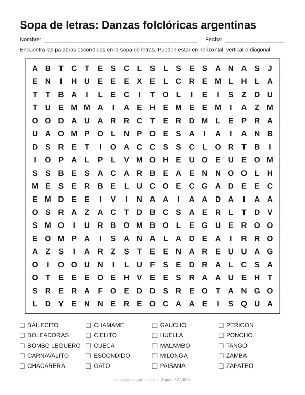 Hoja para imprimir de la sopa de letras del folclore argentino: cuadrícula de 19 × 19 letras con 20 palabras escondidas, renglones para nombre y fecha y la lista de palabras para tachar.