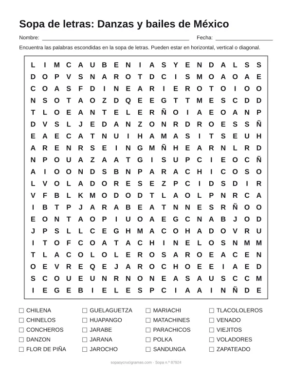 Hoja para imprimir de la sopa de letras de danzas y bailes de México: cuadrícula de 20 × 20 letras con 20 palabras escondidas, renglones para nombre y fecha y la lista de palabras para tachar.