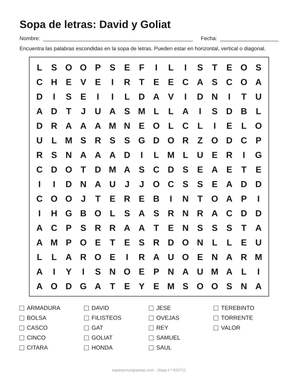 Hoja para imprimir de la sopa de letras de David y Goliat: cuadrícula de 16 × 16 letras con 18 palabras escondidas, renglones para nombre y fecha y la lista de palabras para tachar.
