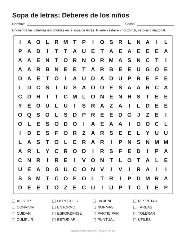Hoja para imprimir de la sopa de letras de los deberes de los niños: cuadrícula de 17 × 17 letras con 16 palabras escondidas, renglones para nombre y fecha y la lista de palabras para tachar.