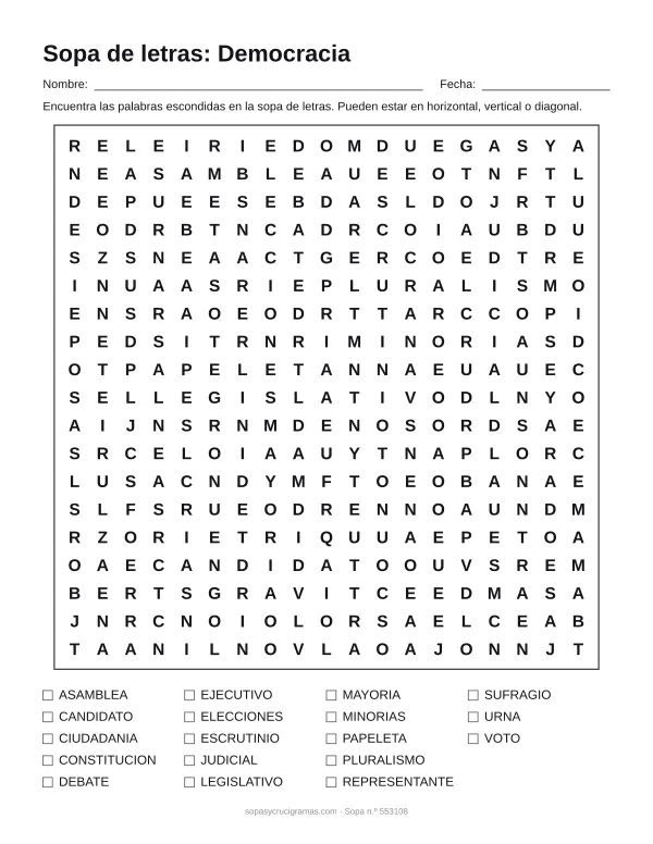 Hoja para imprimir de la sopa de letras de la democracia: cuadrícula de 19 × 19 letras con 18 palabras escondidas, renglones para nombre y fecha y la lista de palabras para tachar.