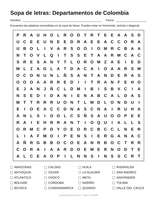 Hoja para imprimir de la sopa de letras de los departamentos de Colombia: cuadrícula de 19 × 19 letras con 20 palabras escondidas, renglones para nombre y fecha y la lista de palabras para tachar.