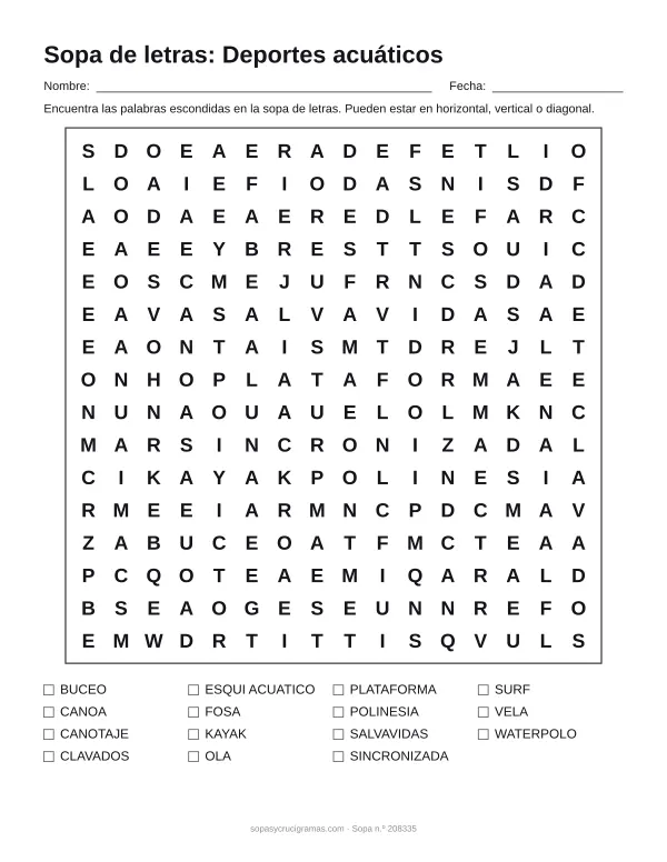 Hoja para imprimir de la sopa de letras de deportes acuáticos: cuadrícula de 16 × 16 letras con 15 palabras escondidas, renglones para nombre y fecha y la lista de palabras para tachar.