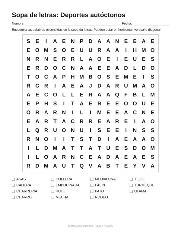 Hoja para imprimir de la sopa de letras de deportes autóctonos: cuadrícula de 15 × 15 letras con 15 palabras escondidas, renglones para nombre y fecha y la lista de palabras para tachar.
