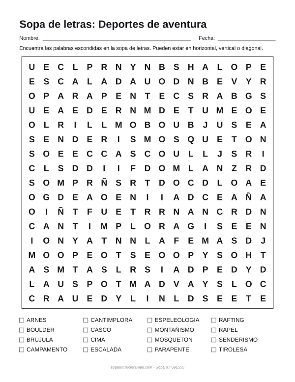 Hoja para imprimir de la sopa de letras de deportes de aventura: cuadrícula de 17 × 17 letras con 16 palabras escondidas, renglones para nombre y fecha y la lista de palabras para tachar.